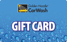 Blue Golden Nozzle Car Wash gift card with water droplets, a yellow car logo, and large white text reading GIFT CARD.