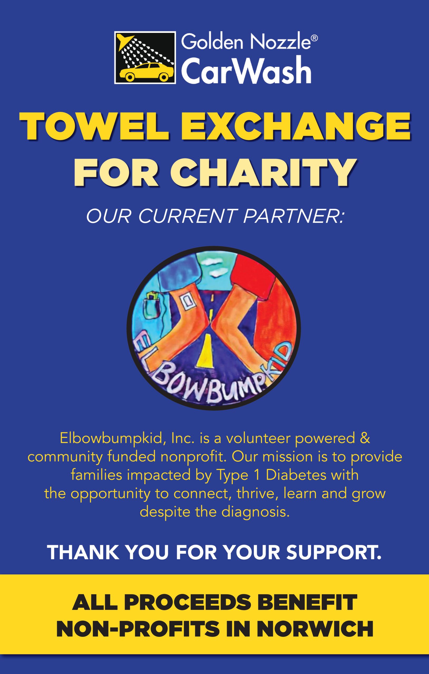 Poster for the Golden Nozzle Car Wash Springfield MA Towel Exchange Program charity event. Features Elbowbumpkid, Inc. as partner; all proceeds benefit Norwich non-profits. Blue background, yellow/white text, and a colorful logo.