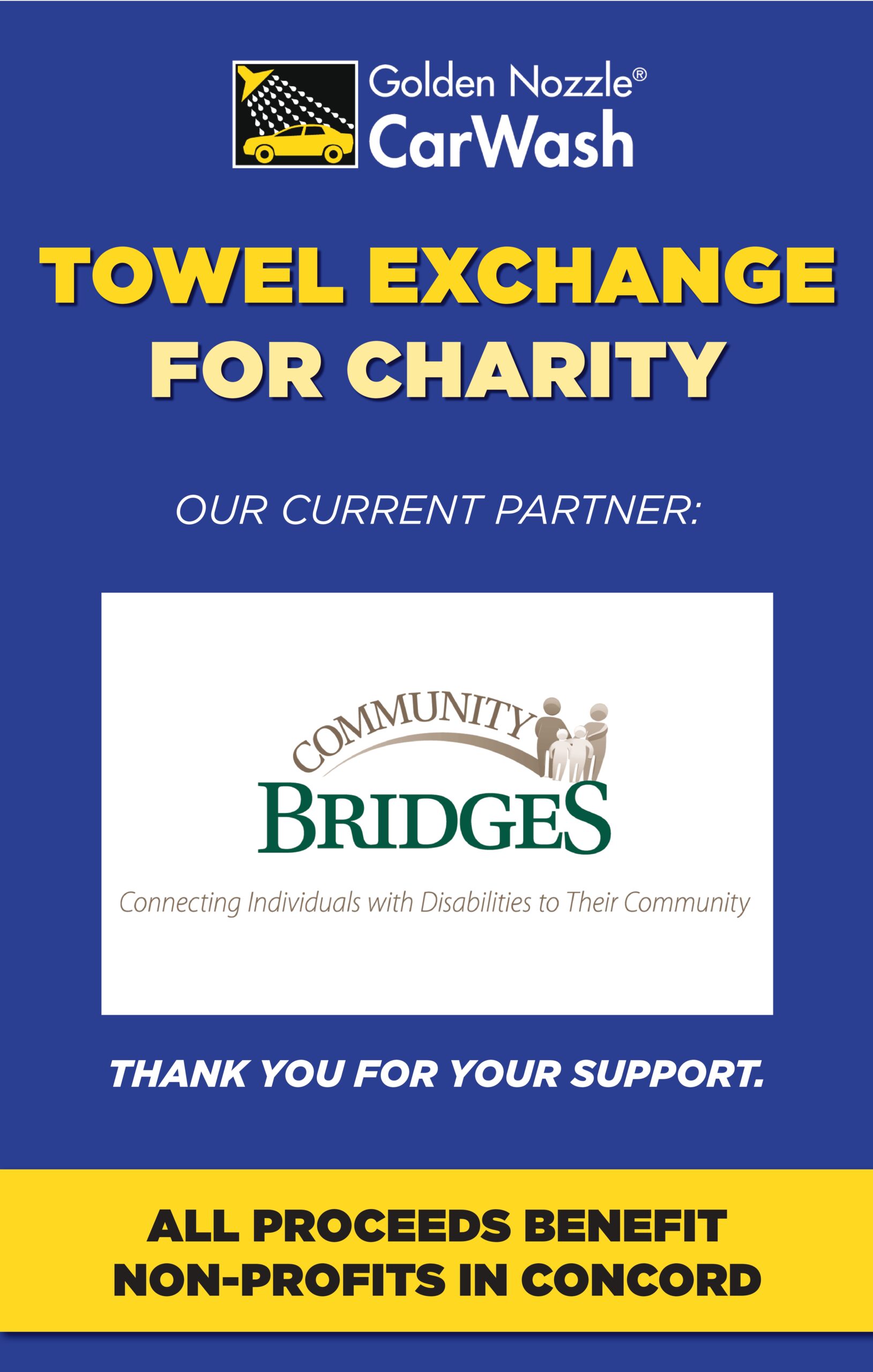 A flyer for Golden Nozzle Car Wash’s Springfield MA Towel Exchange Program for charity, featuring Community Bridges as the current partner. Text notes all proceeds benefit non-profits in Concord and thanks supporters.
