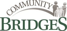 The image shows the Community Bridges logo, featuring silhouettes of four people standing together above an arch, with COMMUNITY written above and BRIDGES in large green text below.