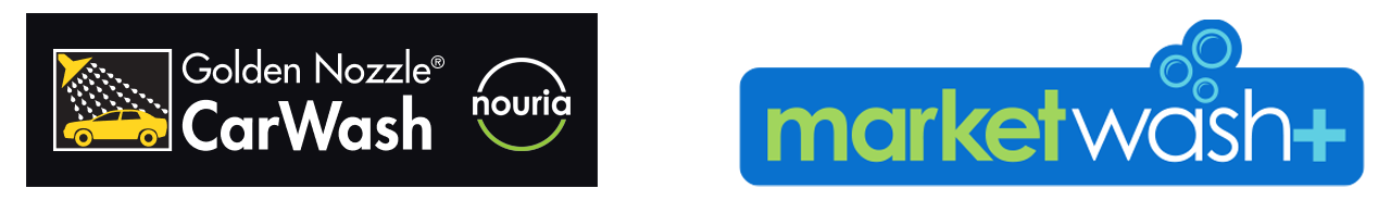 Two car wash logos: one for Golden Nozzle Car Wash with a yellow car and water spray, and one for Market Wash+ with blue and green text and blue bubbles.